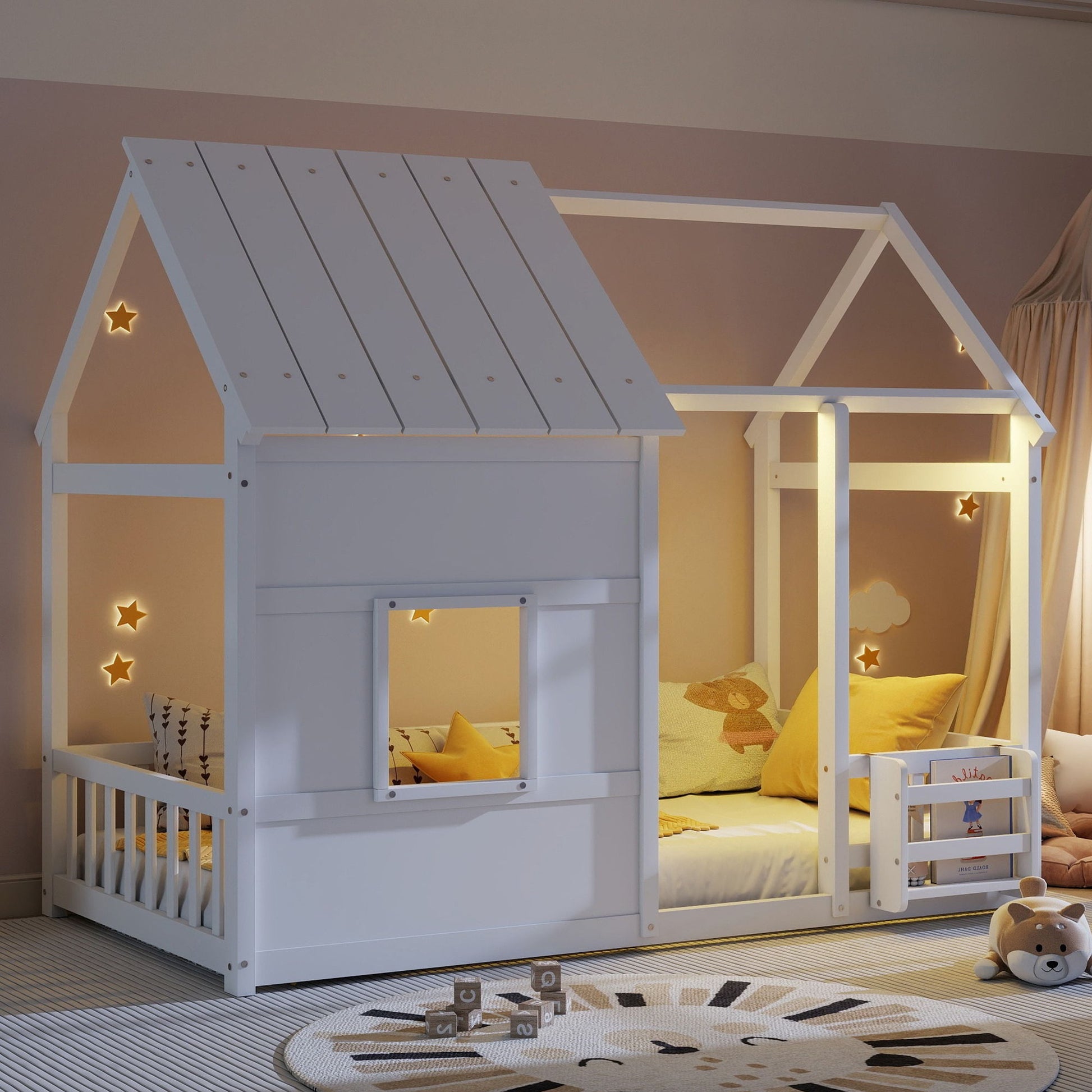 House Floor Bed With 7 Color LED Light, Built In Bookshelf - The Sleep Loft - Online Mattress Showroom NYC