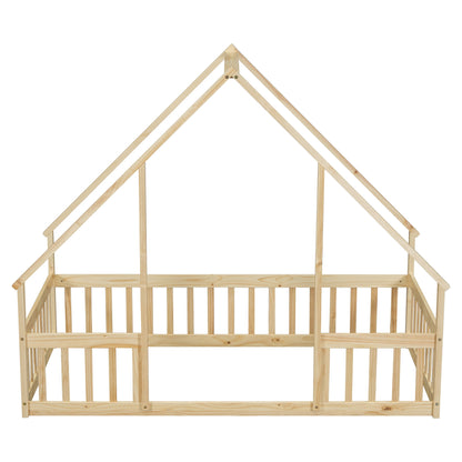 Wood House-Shaped Floor Bed With Fence, Guardrails - The Sleep Loft - Online Mattress Showroom NYC