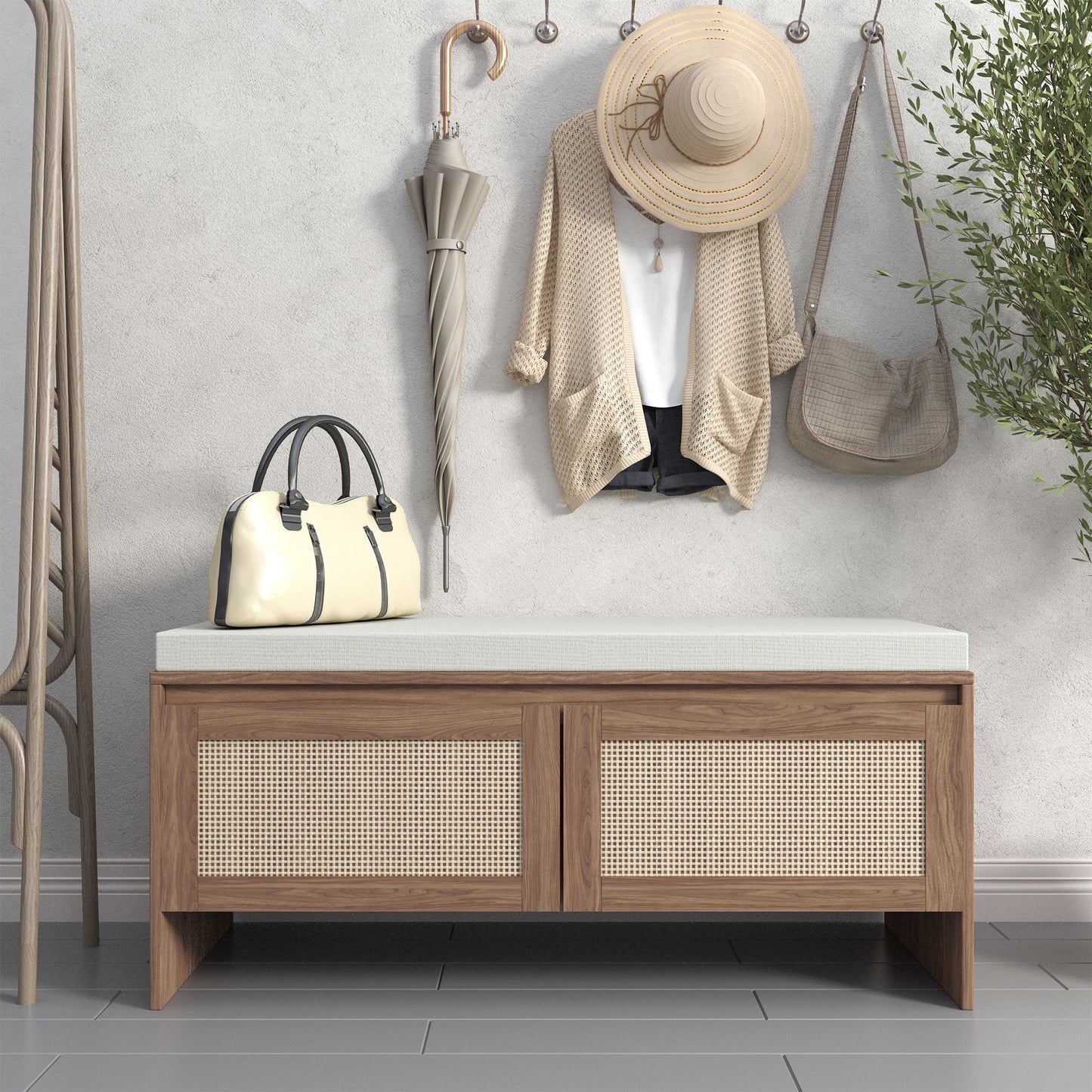 Storage Bench With Cushion, Shoe Cabinet With 2 Doors - Antique Natural / Rattan - The Sleep Loft - Online Mattress Showroom NYC