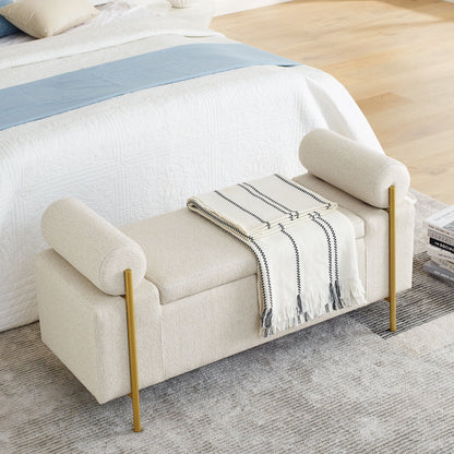 Elegant Upholstered Storage Bench With Cylindrical Arms And Iron Legs, - The Sleep Loft - Online Mattress Showroom NYC