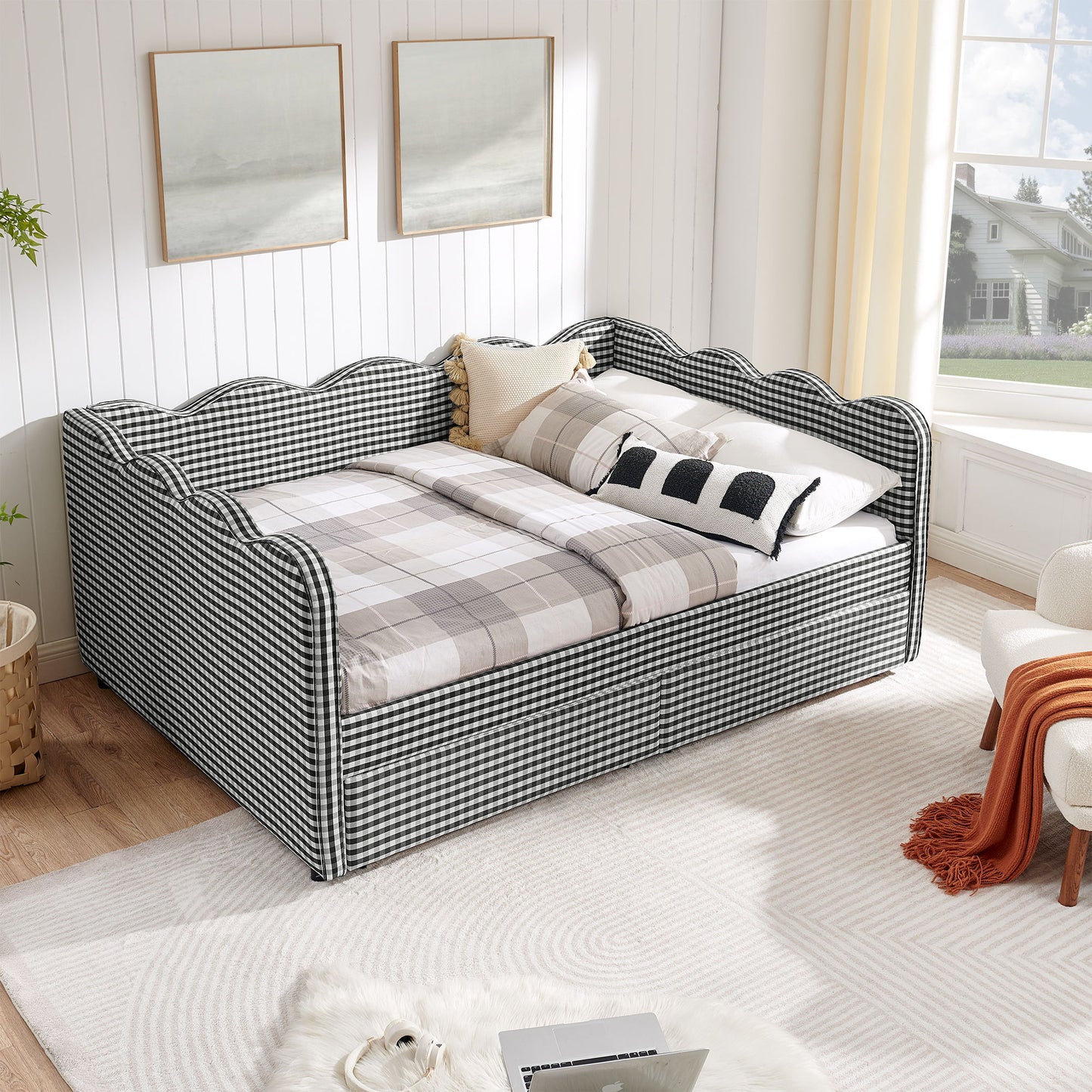 Gingham Daybed With USB Charging Port, Wave-Shaped Design - The Sleep Loft - Online Mattress Showroom NYC