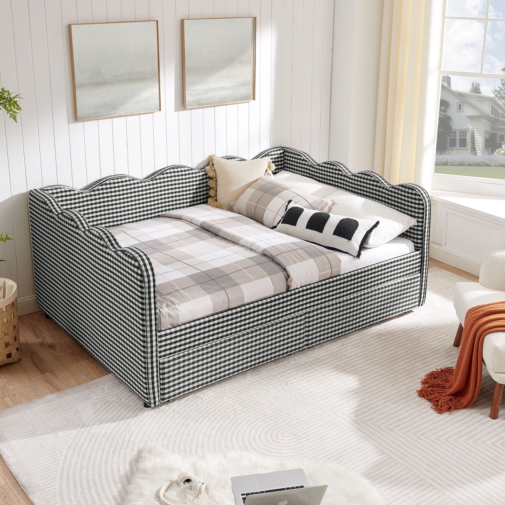 Gingham Daybed With USB Charging Port, Wave-Shaped Design - The Sleep Loft - Online Mattress Showroom NYC