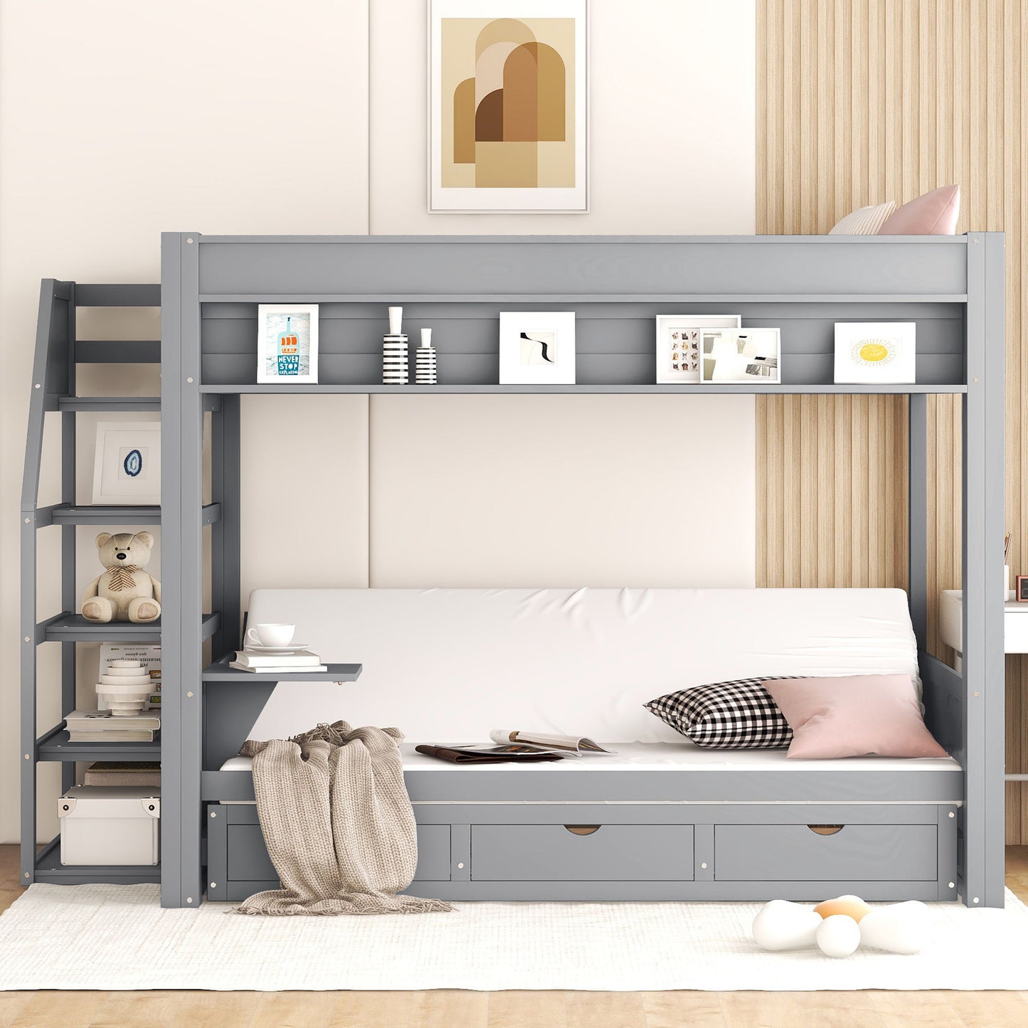 Wood Full Size Convertible Bunk Bed With Storage Staircase, Bedside Table, And 3 Drawers - Gray - The Sleep Loft - Online Mattress Showroom NYC