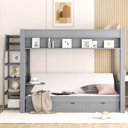 Wood Full Size Convertible Bunk Bed With Storage Staircase, Bedside Table, And 3 Drawers - Gray - The Sleep Loft - Online Mattress Showroom NYC