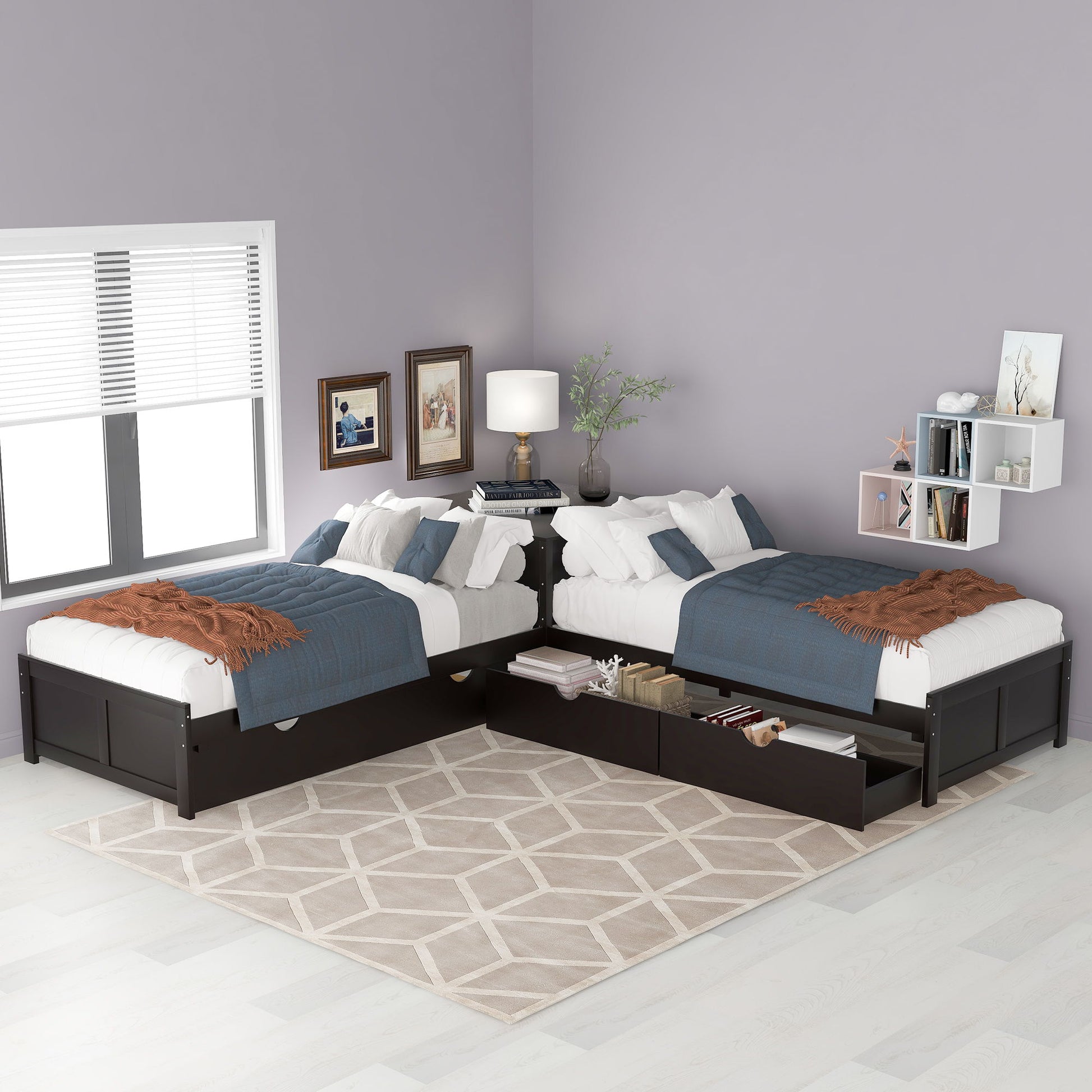 L Shaped Platform Bed With Trundle And Drawers Linked With Built In Desk - The Sleep Loft - Online Mattress Showroom NYC