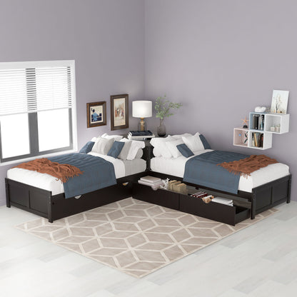 L Shaped Platform Bed With Trundle And Drawers Linked With Built In Desk - The Sleep Loft - Online Mattress Showroom NYC