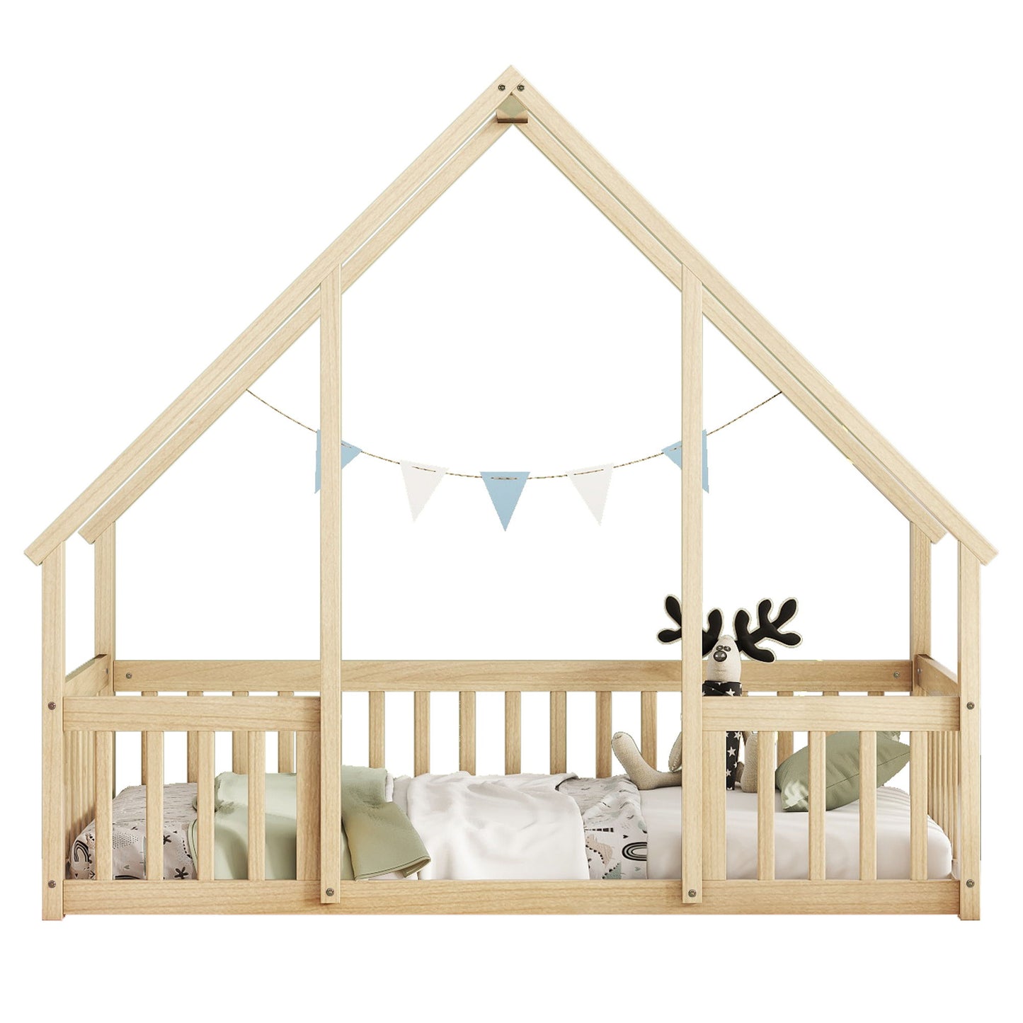 Wood House-Shaped Floor Bed With Fence, Guardrails - The Sleep Loft - Online Mattress Showroom NYC