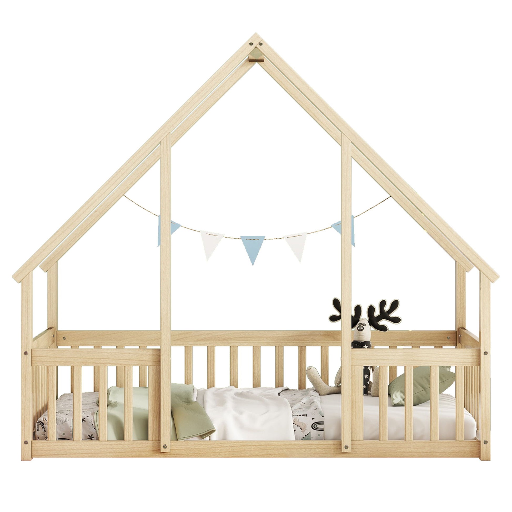 Wood House-Shaped Floor Bed With Fence, Guardrails - The Sleep Loft - Online Mattress Showroom NYC