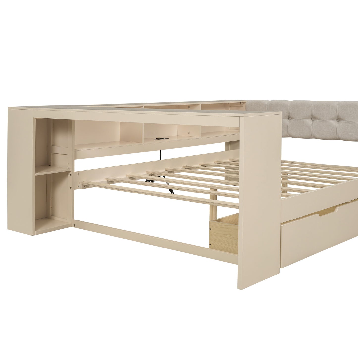 Upholstered Headboard Platform Bed With Storage Shelves, Drawers, Charging Station - The Sleep Loft - Online Mattress Showroom NYC