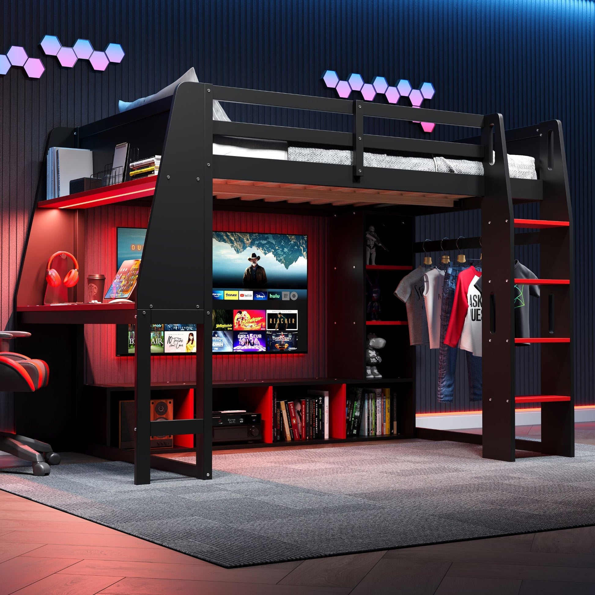 Gaming Loft Bed With Desk, Multi Storage Shelves, LED Lighting, And Hanging Clothes Rack - The Sleep Loft - Online Mattress Showroom NYC
