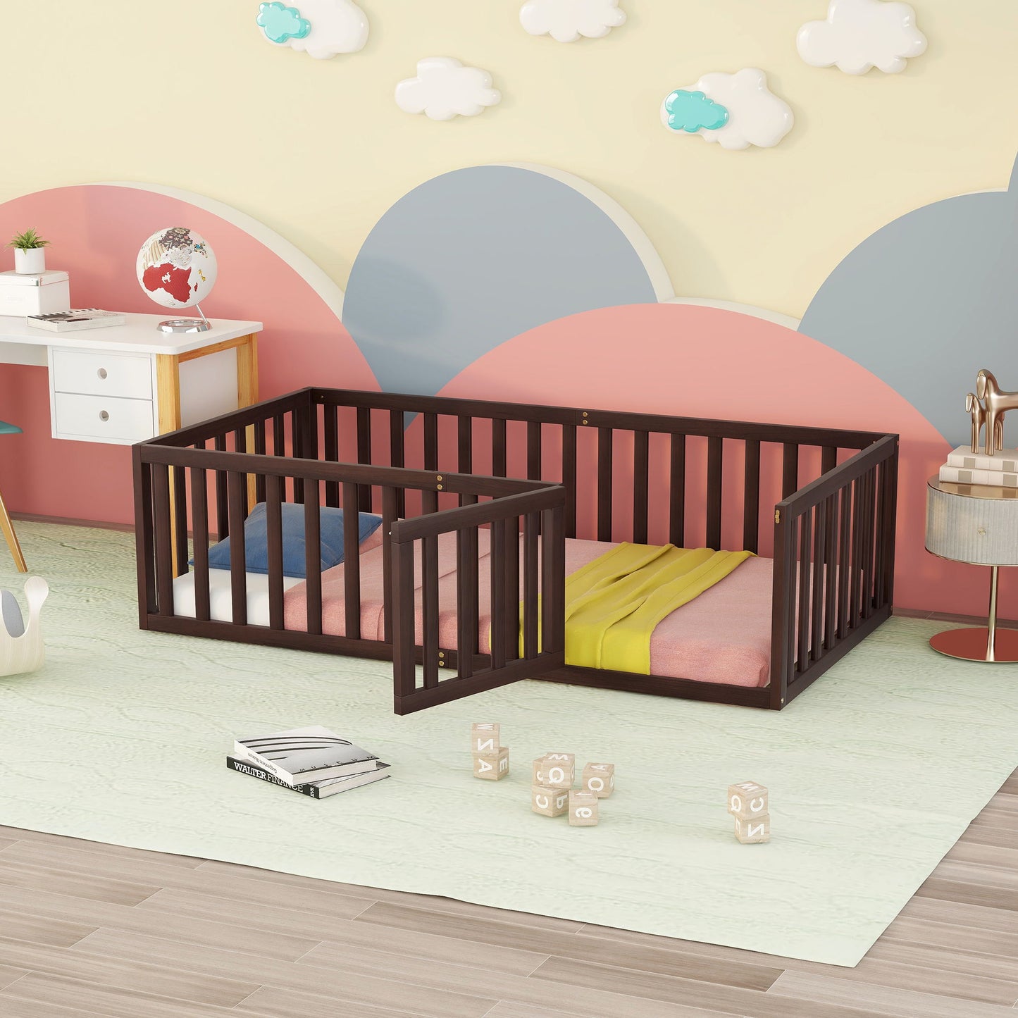 Twin Size Floor Bed Frame With Fence And Door - Walnut - The Sleep Loft - Online Mattress Showroom NYC