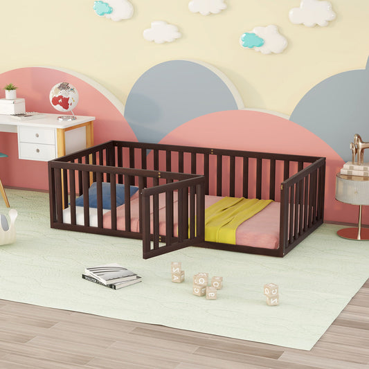 Twin Size Floor Bed Frame With Fence And Door - Walnut - The Sleep Loft - Online Mattress Showroom NYC