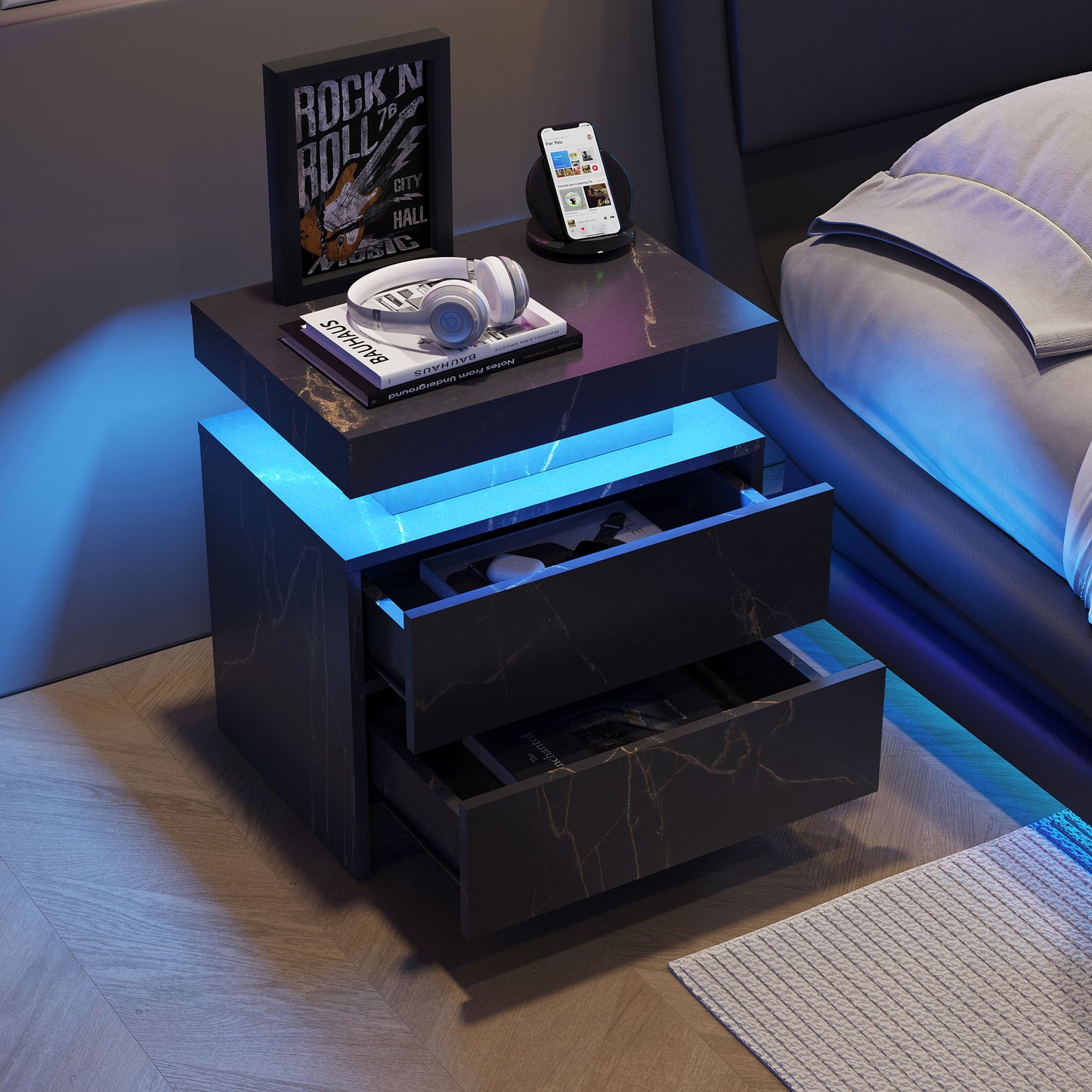 Nightstand LED, Bedside Table Cabinet With 2 Drawers For Bedroom - The Sleep Loft - Online Mattress Showroom NYC