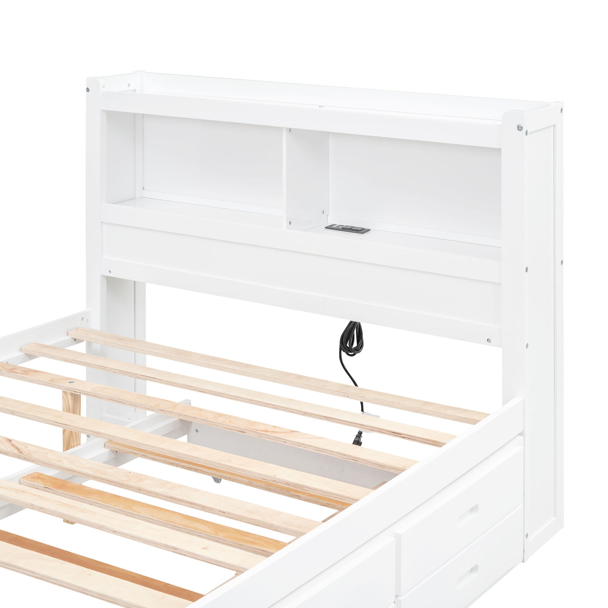 Full Size Platform Bed With Trundle, Drawers, USB Ports And Built In Shelves - White - The Sleep Loft - Online Mattress Showroom NYC