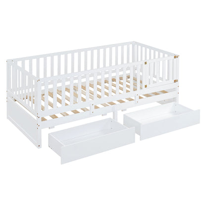 Daybed With Fence Guardrails And 2 Drawers, Split Into Independent Floor Bed & Daybed - The Sleep Loft - Online Mattress Showroom NYC
