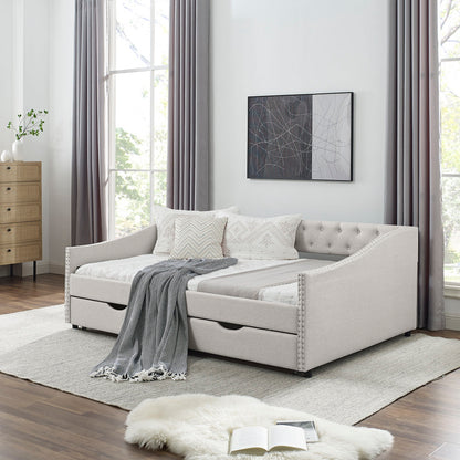 Upholstered Tufted Daybed With Drawers, Waved Arms - The Sleep Loft - Online Mattress Showroom NYC