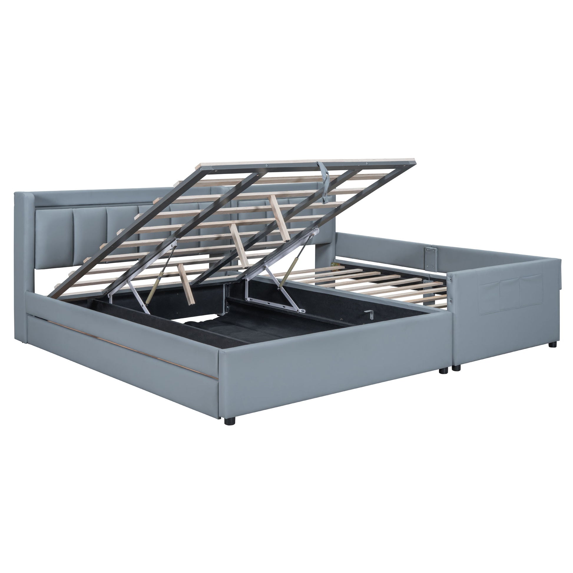 Upholstered Mother & Child Bed With Hydraulic Storage System, Drawer Box, Bedhead Storage Shelf And 2 Pairs Of Sockets & USB Ports - The Sleep Loft - Online Mattress Showroom NYC