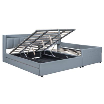 Upholstered Mother & Child Bed With Hydraulic Storage System, Drawer Box, Bedhead Storage Shelf And 2 Pairs Of Sockets & USB Ports - The Sleep Loft - Online Mattress Showroom NYC