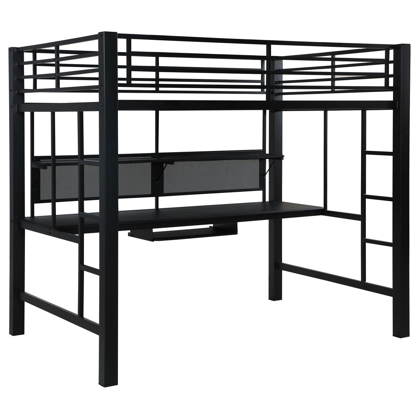 Ranier - Full Workstation Loft Bed, Full Length Desk, Safety Rails And Storage Shelves - Black - The Sleep Loft - Online Mattress Showroom NYC