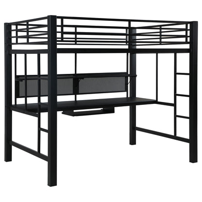 Ranier - Full Workstation Loft Bed, Full Length Desk, Safety Rails And Storage Shelves - Black - The Sleep Loft - Online Mattress Showroom NYC
