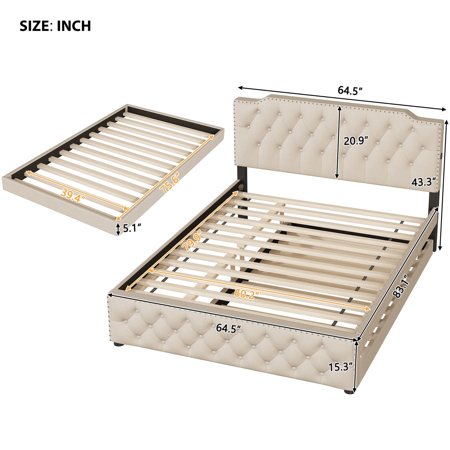 Upholstered Platform Bed With Trundle And 2 Sets Of USB Ports On Each Side, Linen Fabric - The Sleep Loft - Online Mattress Showroom NYC