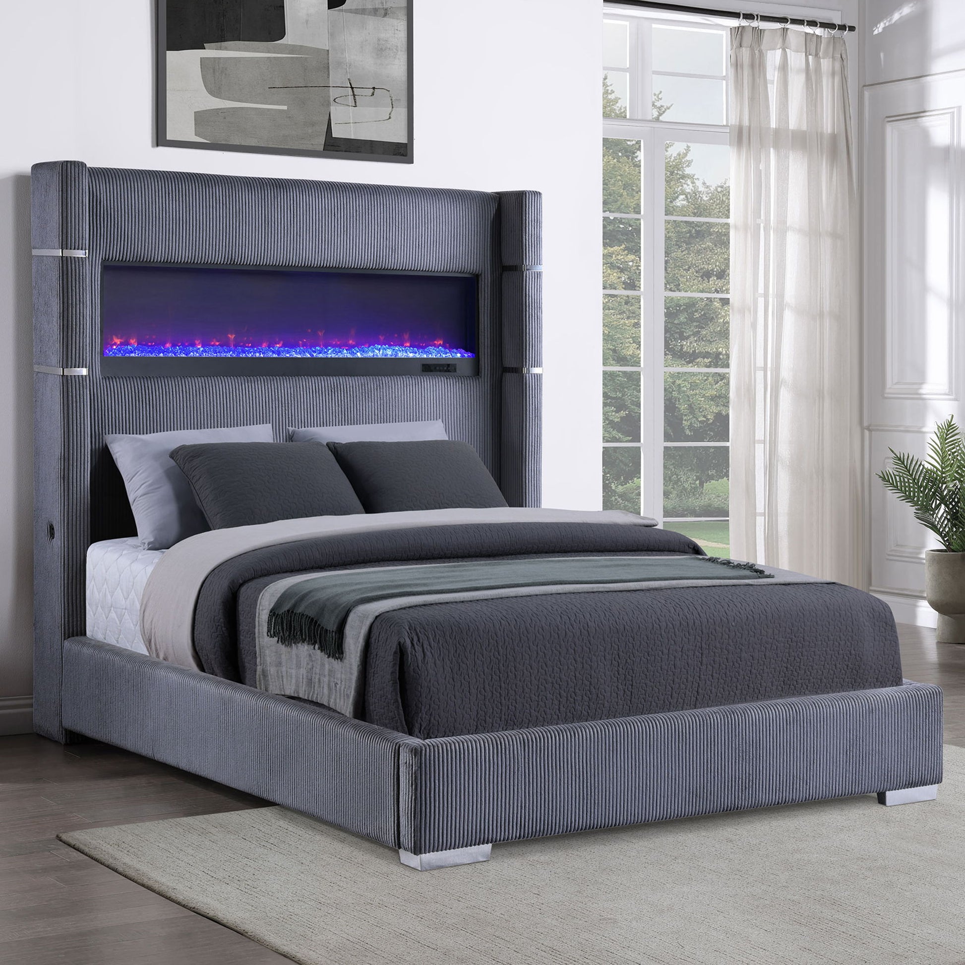 Haven - Upholstered Queen Bed With Integrated Flame Box - Gray - The Sleep Loft - Online Mattress Showroom NYC
