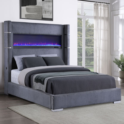 Haven - Upholstered Queen Bed With Integrated Flame Box - Gray - The Sleep Loft - Online Mattress Showroom NYC