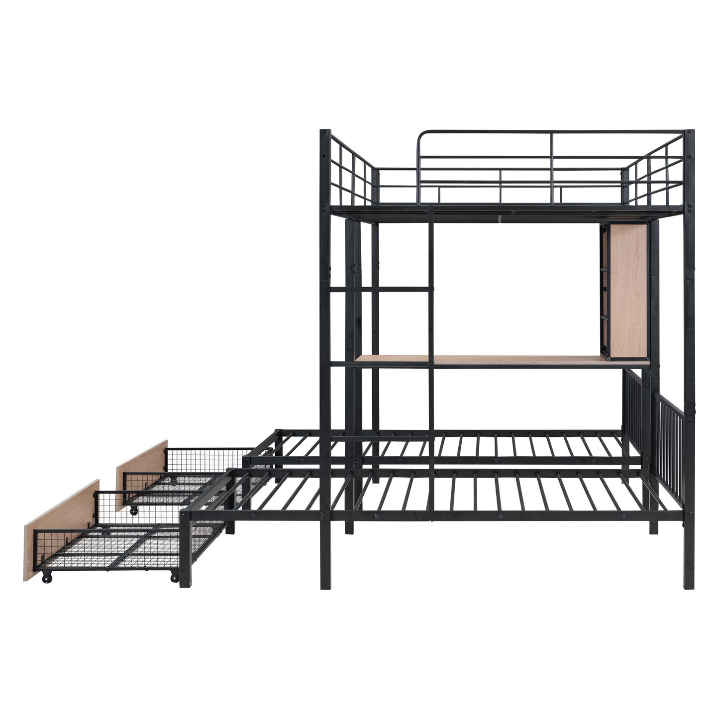 Triple Bunk Bed With Drawers, Multi-Functional Frame With Desks And Shelves In The Middle - The Sleep Loft - Online Mattress Showroom NYC