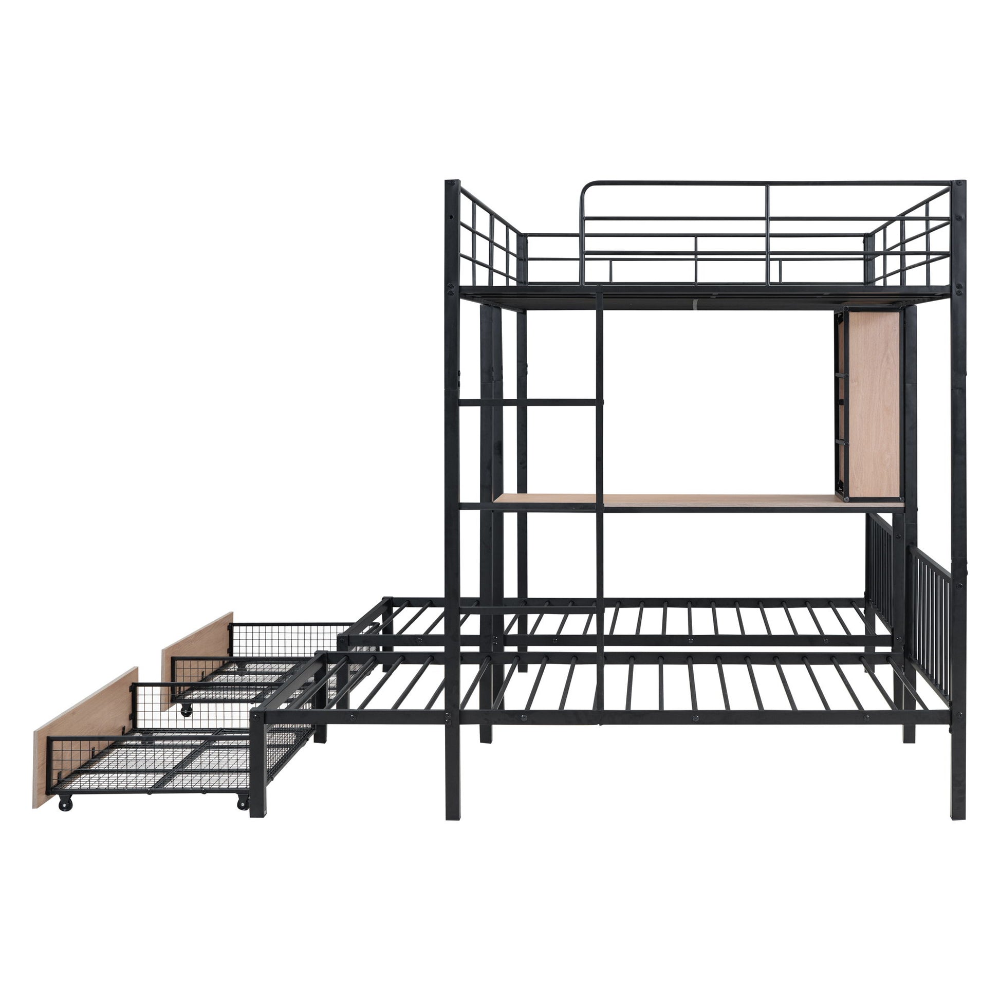 Triple Bunk Bed With Drawers, Multi-Functional Frame With Desks And Shelves In The Middle - The Sleep Loft - Online Mattress Showroom NYC