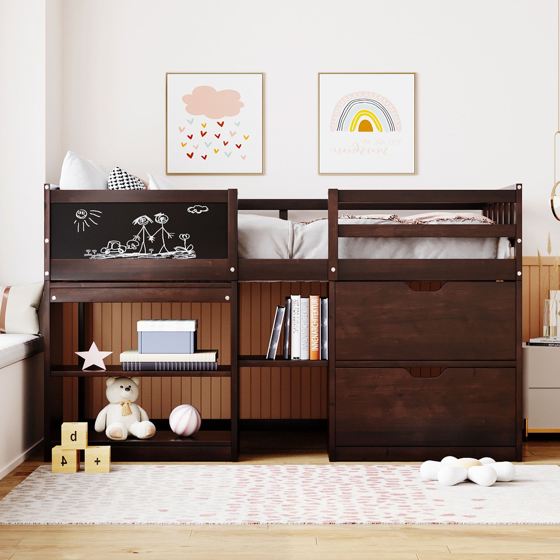 Low Loft Bed With Rolling Desk, Shelf And Drawers - The Sleep Loft - Online Mattress Showroom NYC