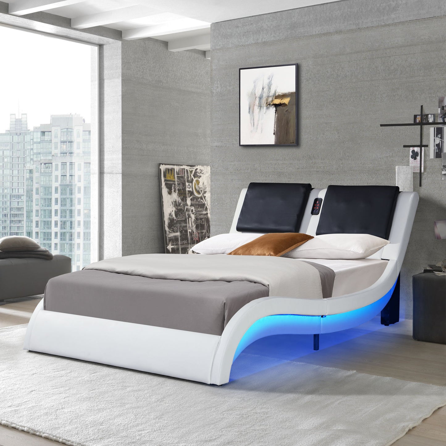 Upholstered Platform Bed Frame With LED Lighting, Bluetooth Connection To Play Music Control, Backrest Vibration Massage, Curve Design, Wood Slat Support, Exhibited Speakers - The Sleep Loft - Online Mattress Showroom NYC