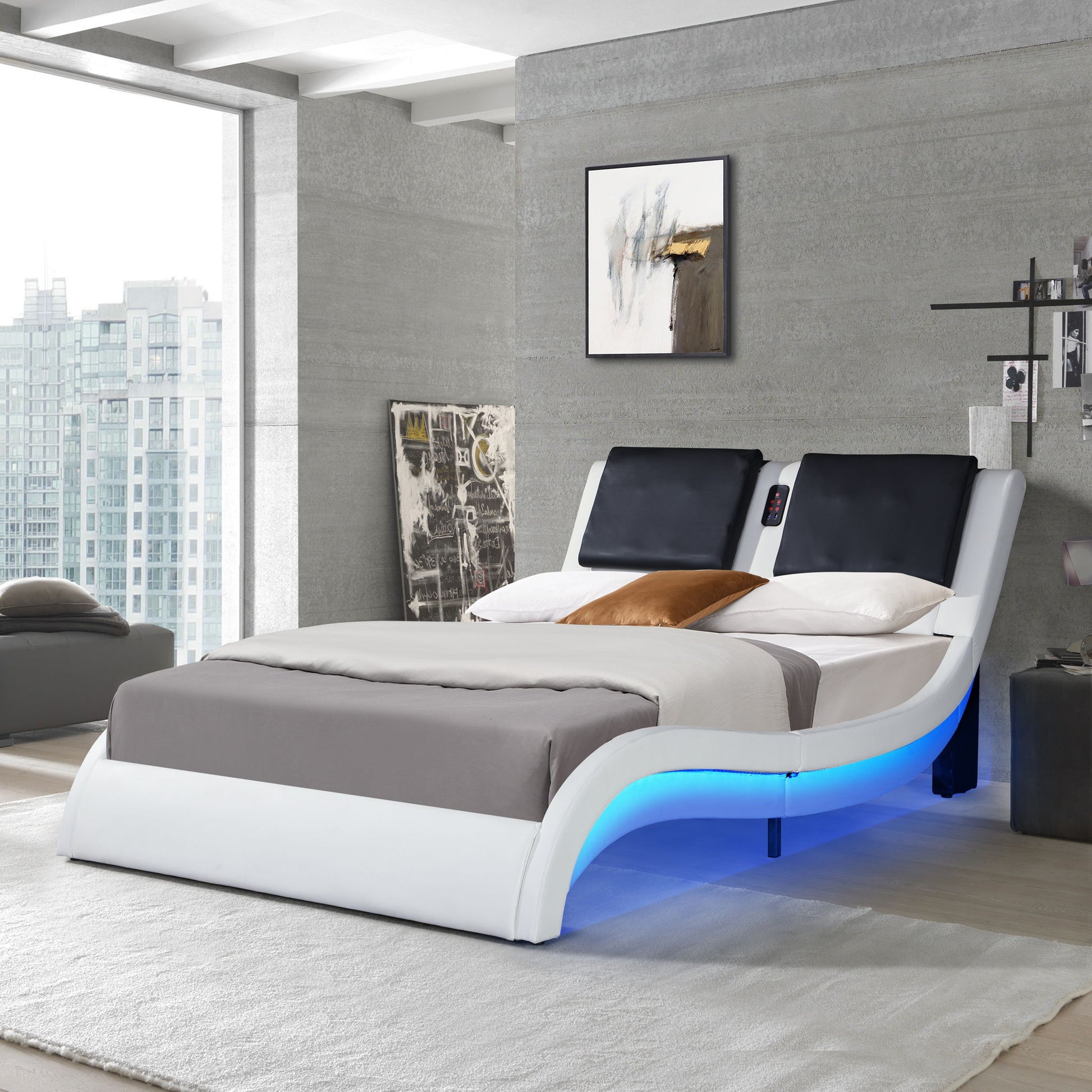 Upholstered Platform Bed Frame With LED Lighting, Bluetooth Connection To Play Music Control, Backrest Vibration Massage, Curve Design, Wood Slat Support, Exhibited Speakers - The Sleep Loft - Online Mattress Showroom NYC