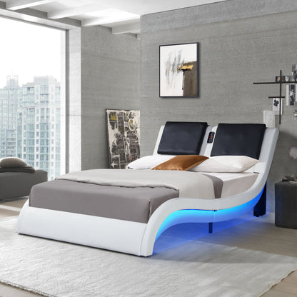 Upholstered Platform Bed Frame With LED Lighting, Bluetooth Connection To Play Music Control, Backrest Vibration Massage, Curve Design, Wood Slat Support, Exhibited Speakers - The Sleep Loft - Online Mattress Showroom NYC