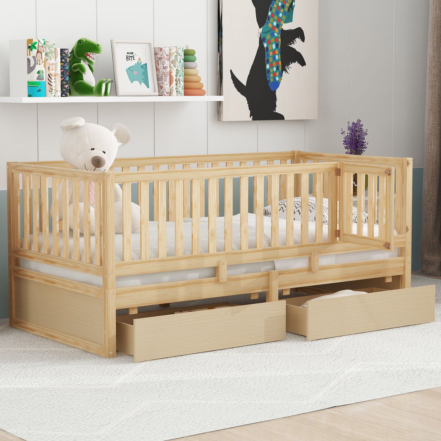 Daybed With Fence Guardrails And 2 Drawers, Split Into Independent Floor Bed & Daybed - The Sleep Loft - Online Mattress Showroom NYC