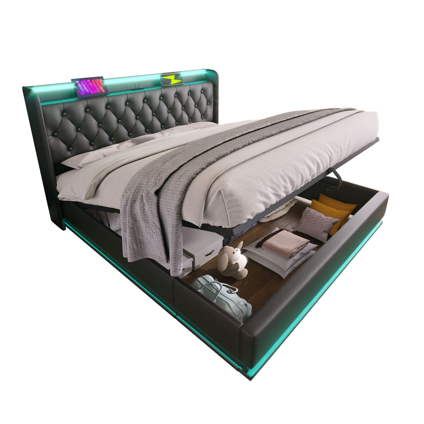 Upholstered Bed, 360 Surround LED Function, Remote Control, Hydraulic Storage Bed With USB, Type-C Charging (Without Mattress) - The Sleep Loft - Online Mattress Showroom NYC