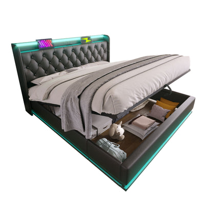 Upholstered Bed, 360 Surround LED Function, Remote Control, Hydraulic Storage Bed With USB, Type-C Charging (Without Mattress) - The Sleep Loft - Online Mattress Showroom NYC