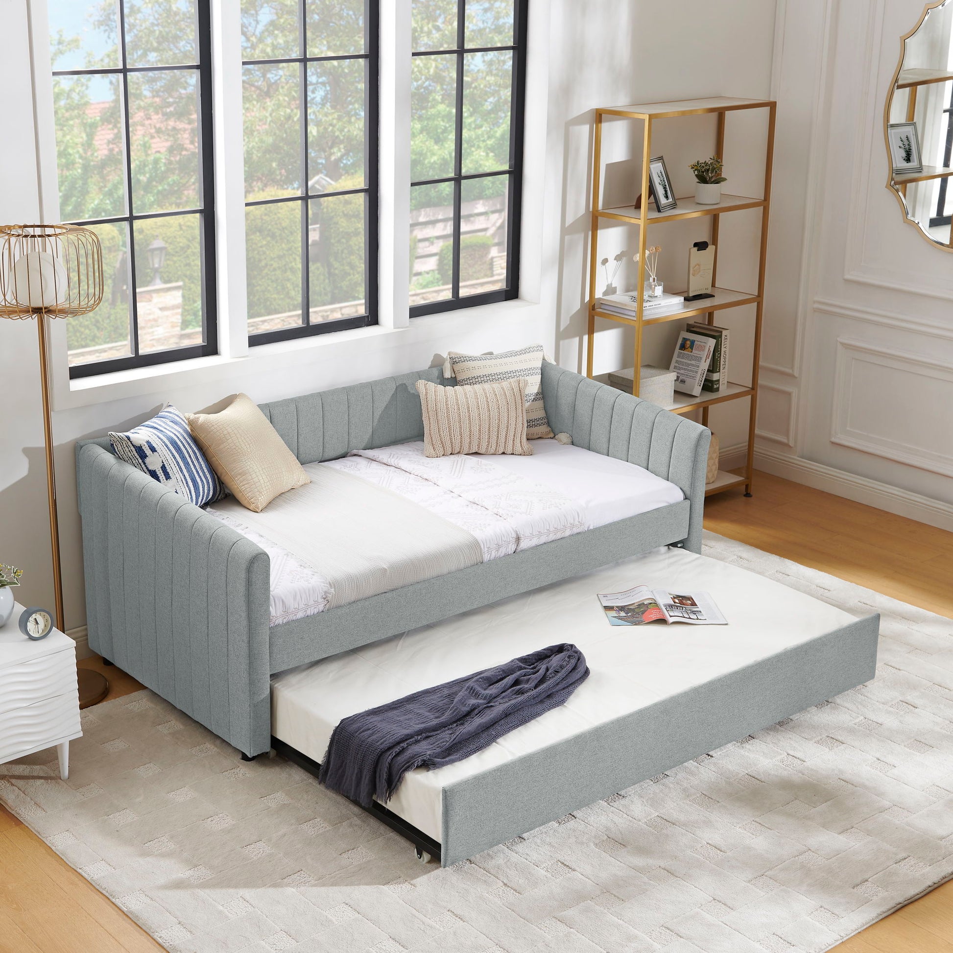 Upholstered Daybed With Trundle With Vertical Stripes - The Sleep Loft - Online Mattress Showroom NYC