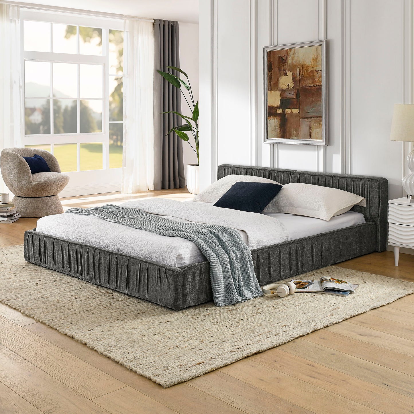 Modern Upholstered Platform Bed Frame With Pleated Design - The Sleep Loft - Online Mattress Showroom NYC