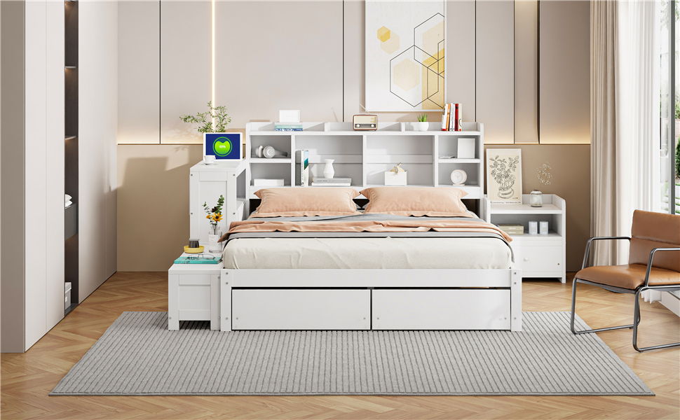 Platform Bed With Multi Functional Storage Space, Nightstand, 2 Drawers, USB Ports And Desk - The Sleep Loft - Online Mattress Showroom NYC