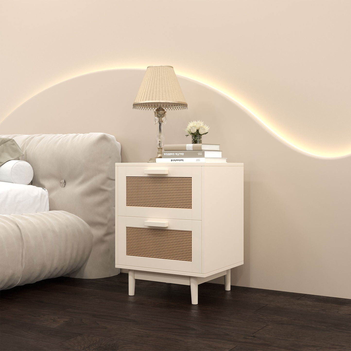 Nightstand With 2 Drawers, Storage Side Table For Bedroom - Antique Natural / Rattan - The Sleep Loft - Online Mattress Showroom NYC