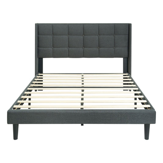 Queen Size Upholstered Platform Bed Frame With Button Tufted Linen Fabric Headboard - Dark Gray - The Sleep Loft - Online Mattress Showroom NYC
