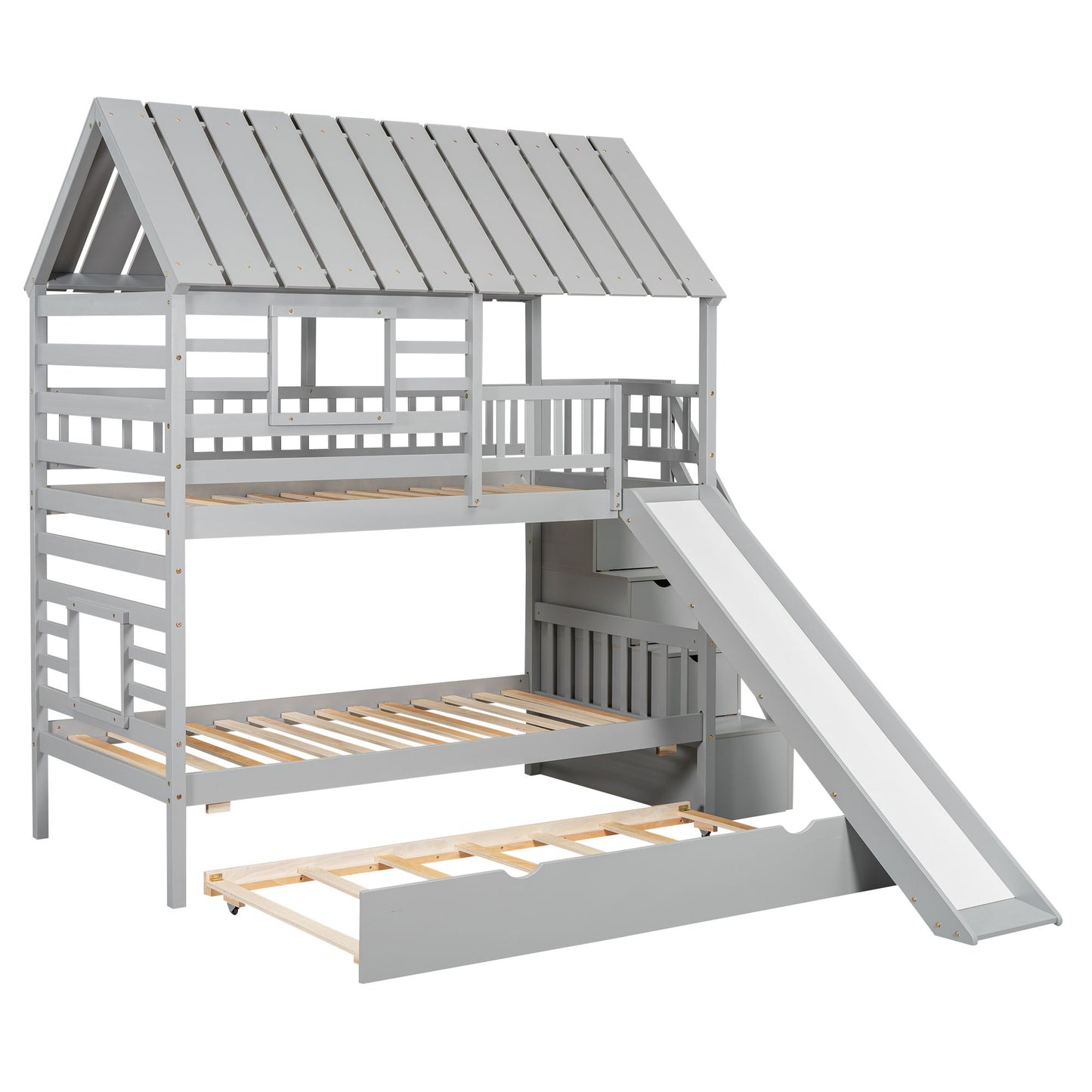 House Bunk Bed With Trundle, Storage Staircase, Roof And Window Design - The Sleep Loft - Online Mattress Showroom NYC