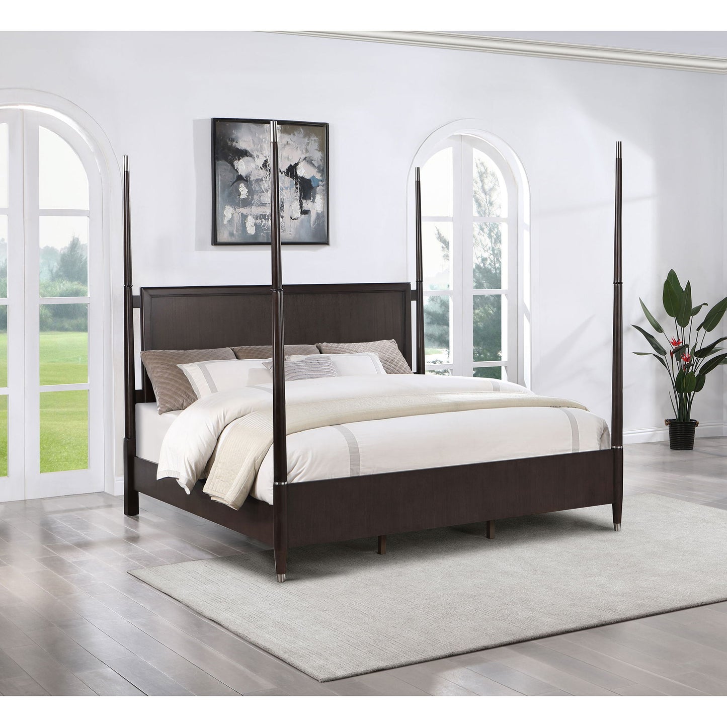 Niguel - Queen Size 4 Poster Bed With Finials, Floating Headboard - Brown