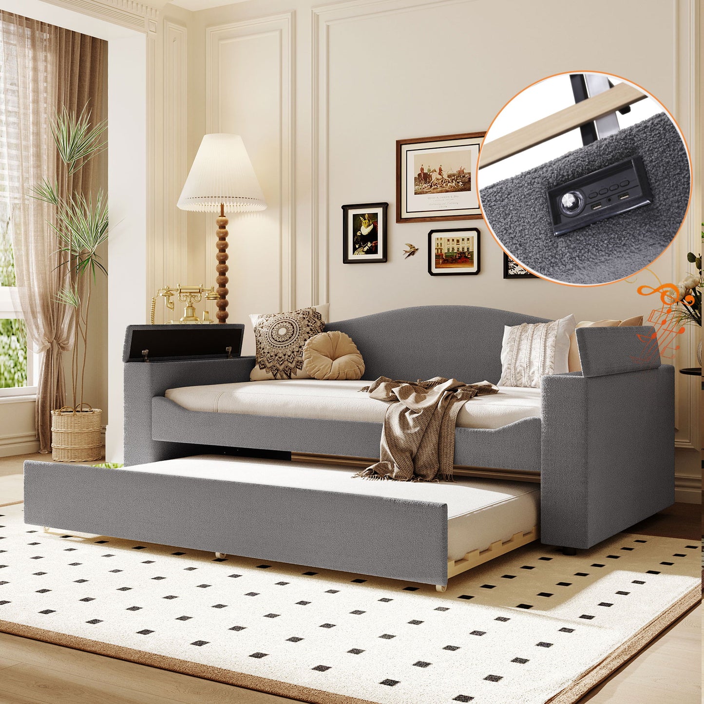 Upholstered Daybed With Storage Armrests, Trundle And Latest Integrated tooth Audio System - The Sleep Loft - Online Mattress Showroom NYC