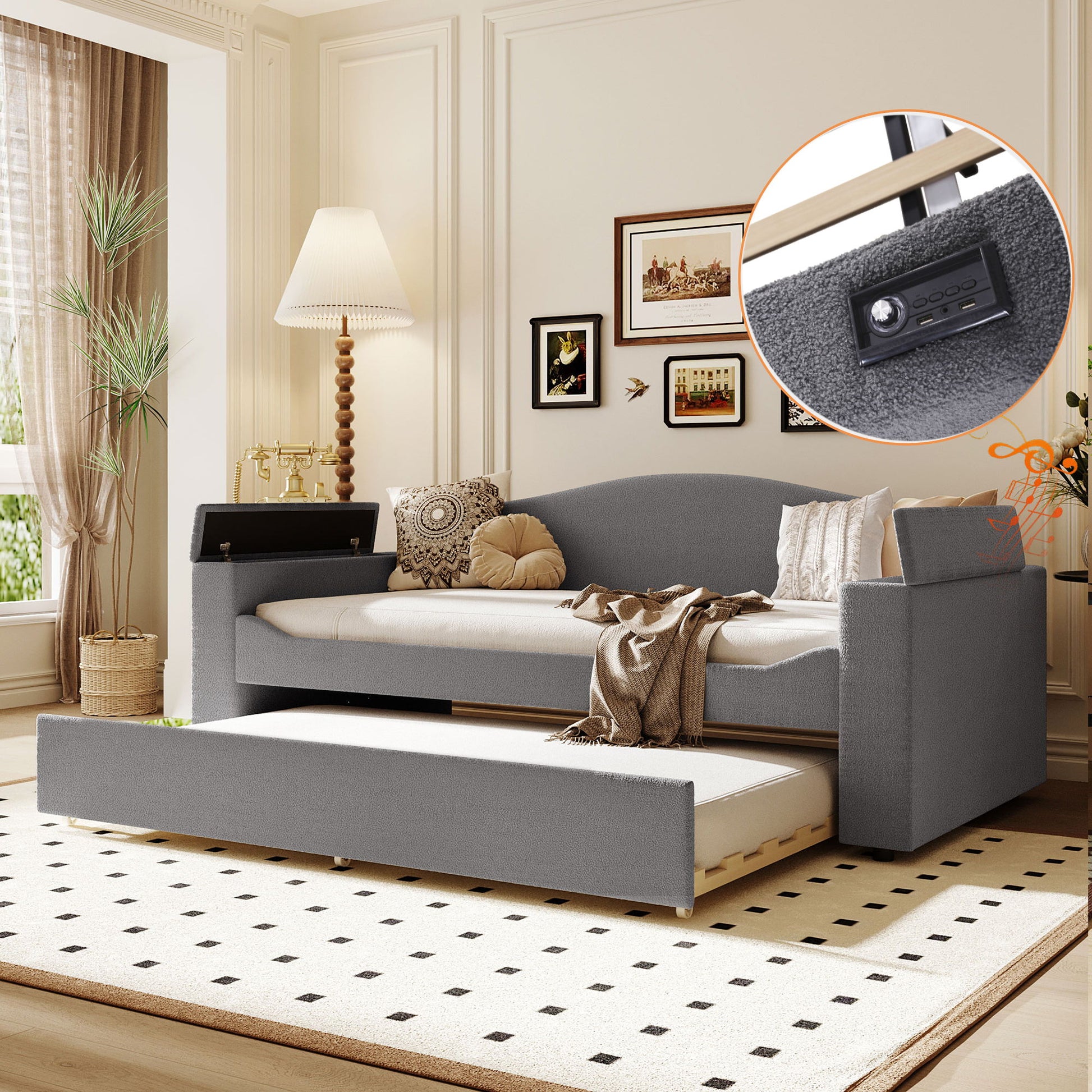 Upholstered Daybed With Storage Armrests, Trundle And Latest Integrated tooth Audio System - The Sleep Loft - Online Mattress Showroom NYC