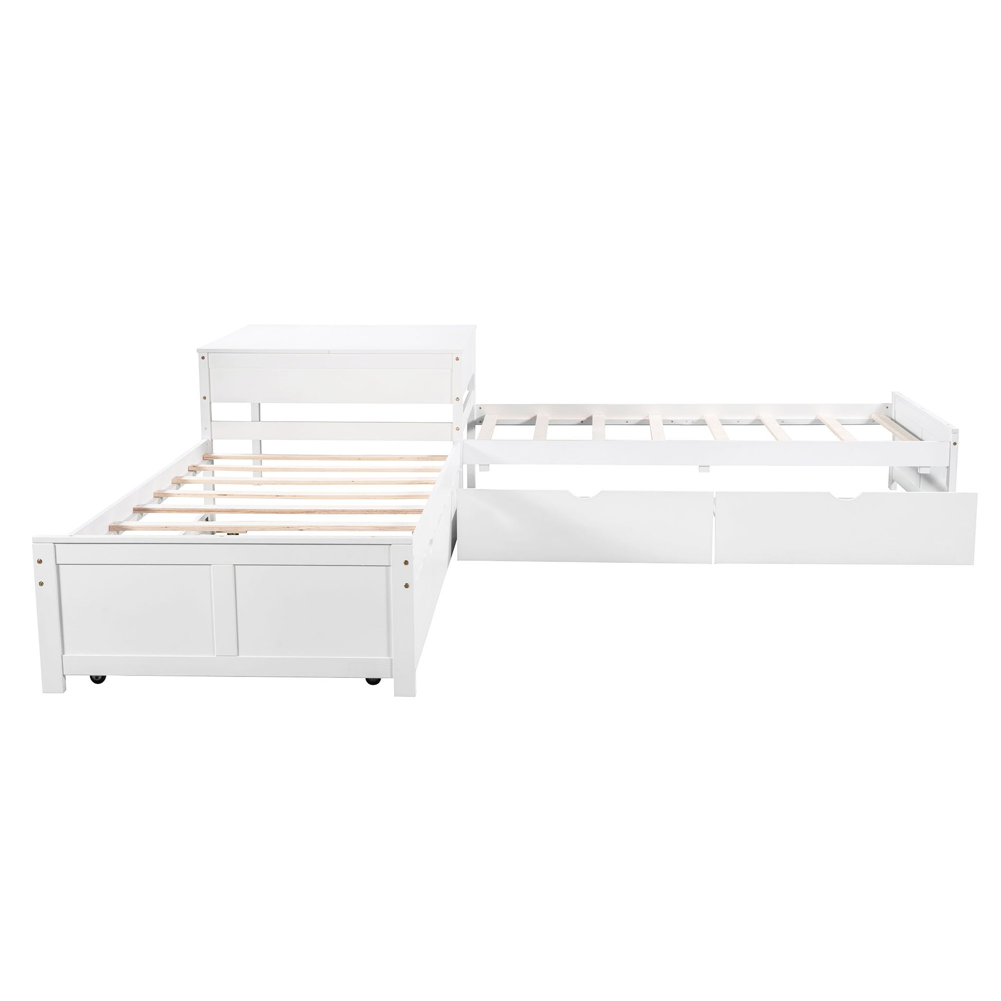L Shaped Platform Bed With Trundle And Drawers Linked With Built In Desk - The Sleep Loft - Online Mattress Showroom NYC