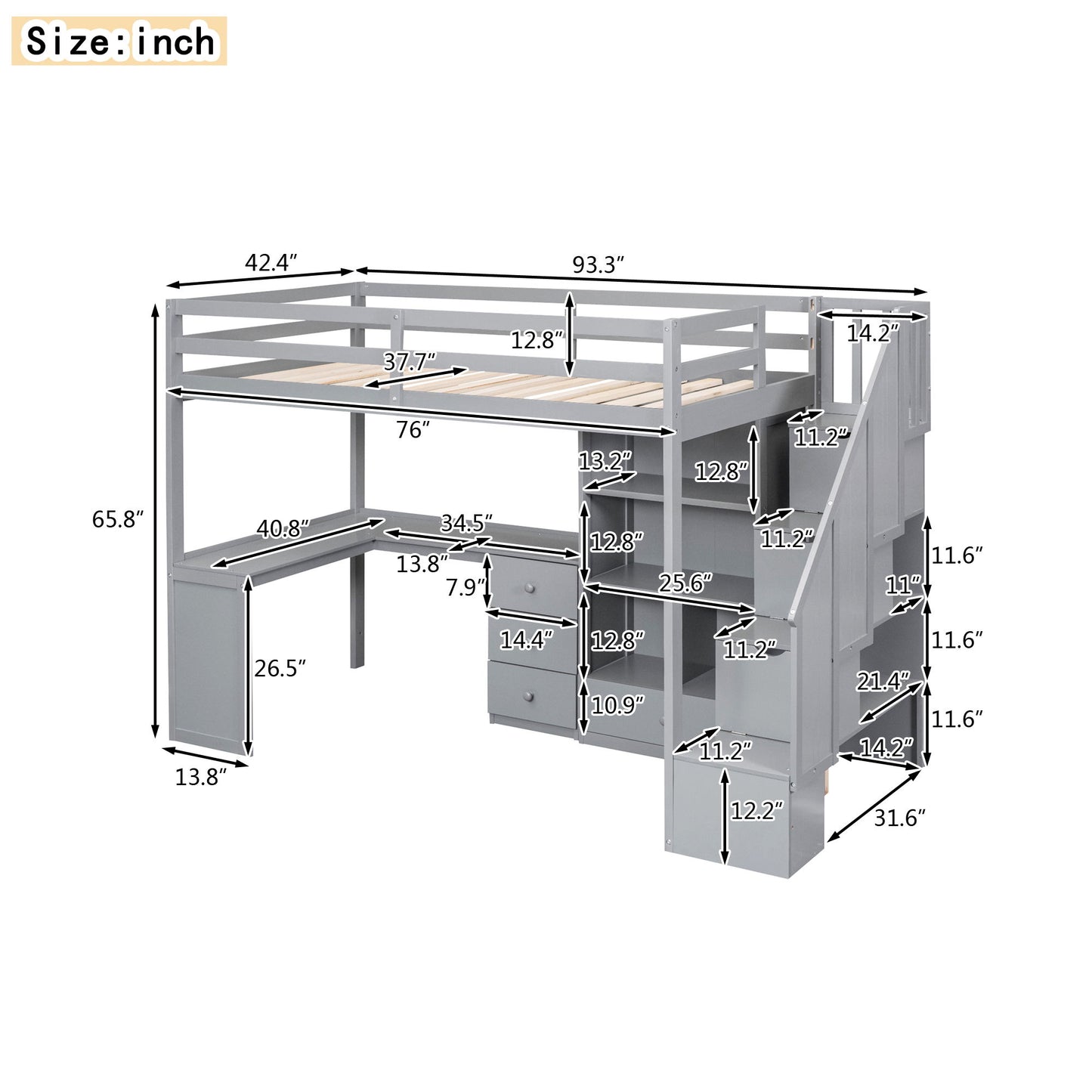 Loft Bed With L Shaped Desk, Drawers, Cabinet, And Storage Staircase - The Sleep Loft - Online Mattress Showroom NYC
