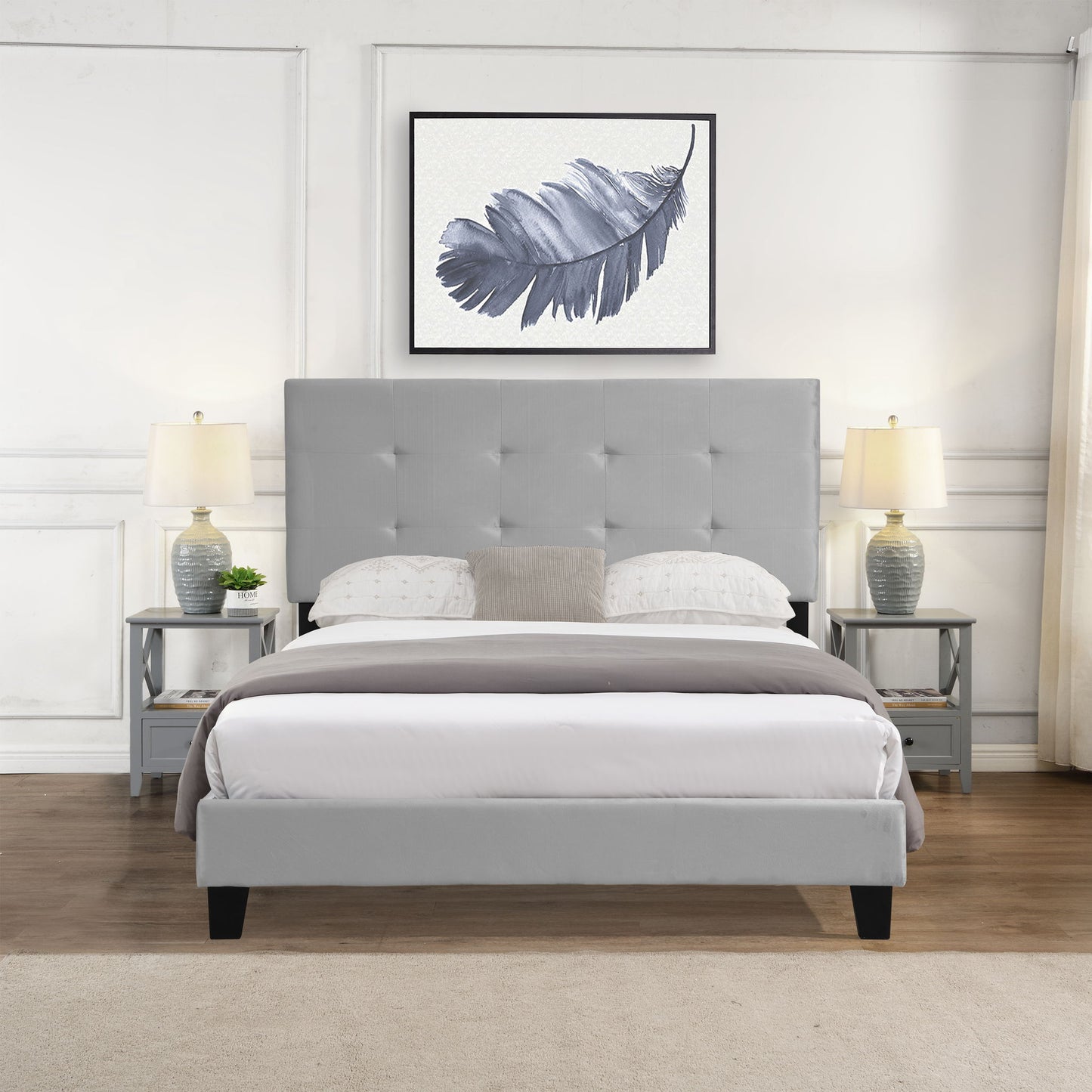 Full Size Upholstered Platform Bed Frame With Tufted Headboard, Strong Wood Slat Support - Gray - The Sleep Loft - Online Mattress Showroom NYC