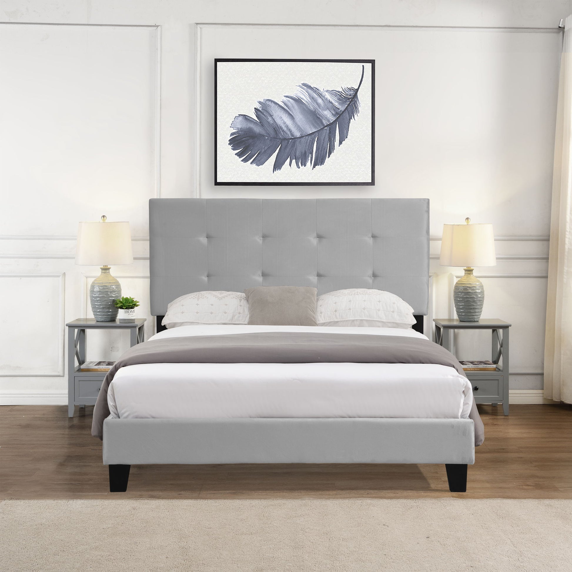 Full Size Upholstered Platform Bed Frame With Tufted Headboard, Strong Wood Slat Support - Gray - The Sleep Loft - Online Mattress Showroom NYC