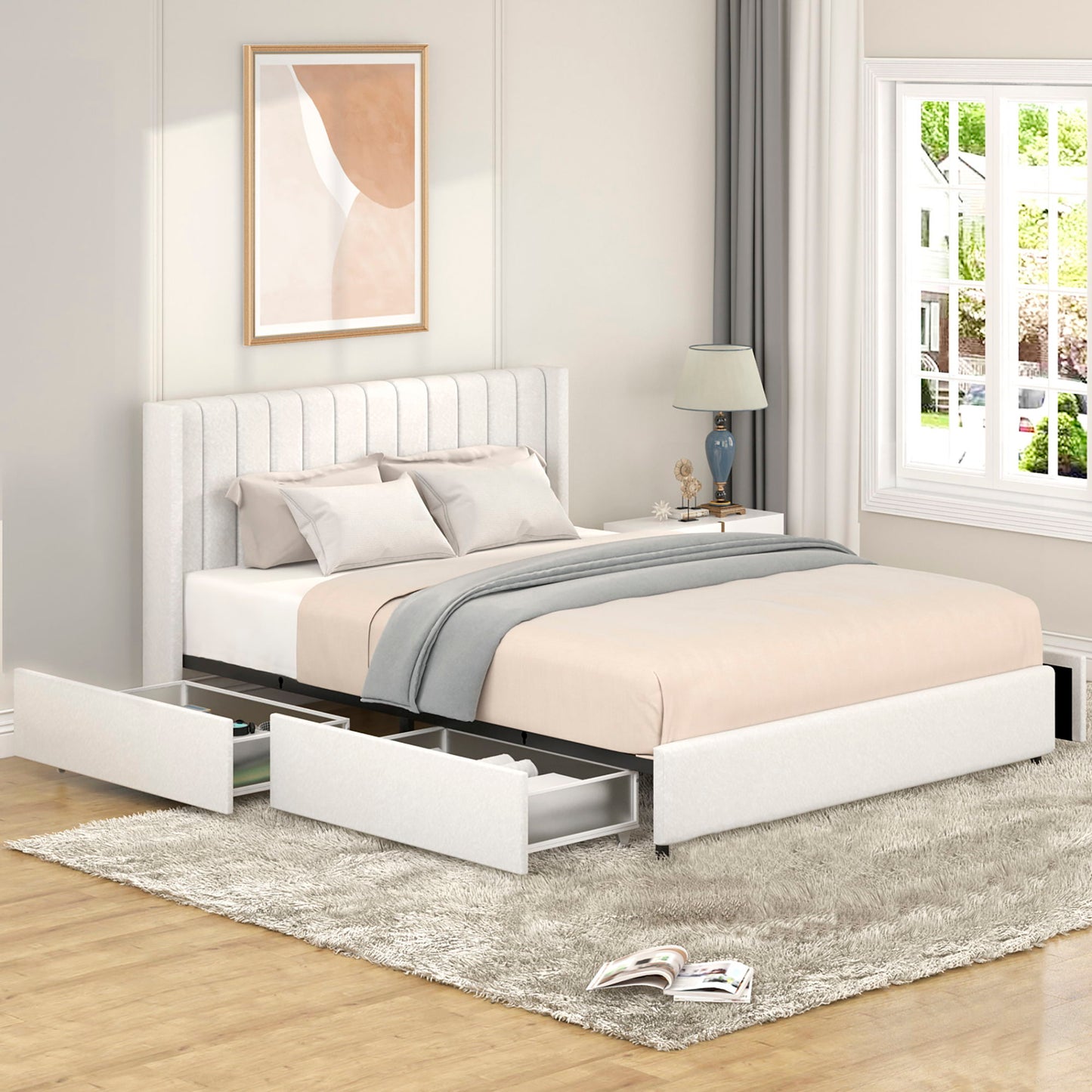 Anda - Boucle Upholstered Platform Bed With Patented Drawers Storage - Ivory - The Sleep Loft - Online Mattress Showroom NYC